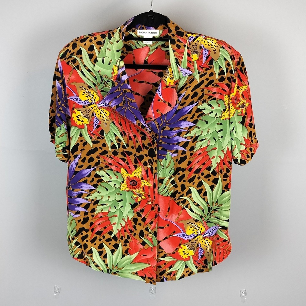 90s Regina Porter Silk Tropical Leopard Print Shirt Multicolor Large